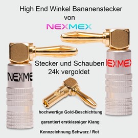 NEXMEX Banana Plug 90° Angled – Set of 4 Plugs 24K Gold-Plated for Speaker Cable – for HiFi Receiver Amplifier
