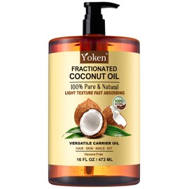 Yoken Fractionated Coconut Oil for Skin 16 Oz, 100% Pure & Natural Liquid Coconut Oil, Moisturizer for Hair, Face, Body, Carrier Oil for Essential Oils Mixing, Massage, Hexane Free, Unscented