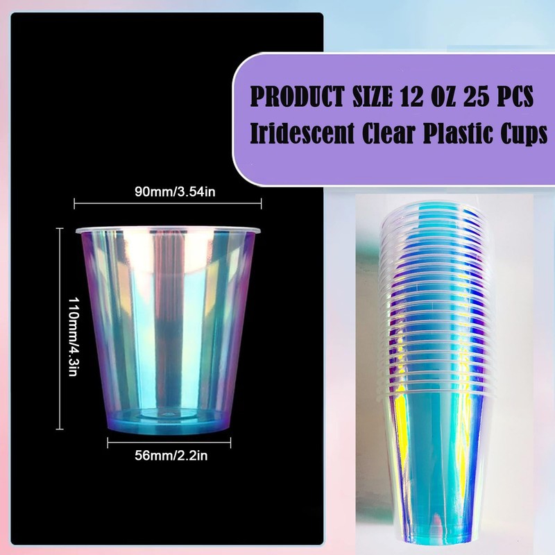 Djenpinex 25 Pack Thick Iridescent Plastic Cups 12oz - Bright