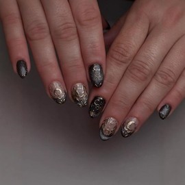 UEYRSEDB Black French Tip Press on Nails Medium Almond Fake Nails with Gold Chrome Moon Star Design Glitter French Tip Glue on False Nail Gothic Artificial Stick on Nail for Women Girls 24Pcs