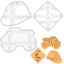 Set of 3 Construction Site Cookie Cutters (Shapes: "Dig In" Sign, Dump Truck and Construction Site Helmet), 3 Pieces Bakerlogy