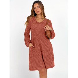 ANRABESS Women's Long Lantern Sleeve Ribbed Knit Dresses V Neck Casual 2025 Fall Winter Flowy Swing Tunic Sweater Short Dress Burnt Orange Medium