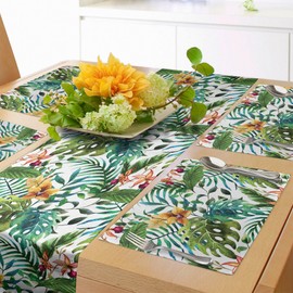 Ambesonne Leaf Table Runner & Placemats, Vintage Retro 60s Seem Banana Palm Tree Leaves Flowers Hibiscus, Set for Dining Table Decor, Placemat 4 pcs + Runner 16"x72", Pale Caramel Burgundy