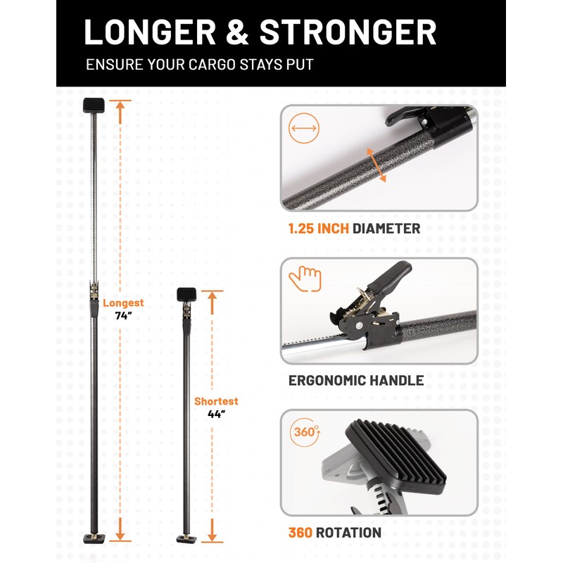 Strapinno - Ratcheting Cargo Bar 44"-74", Non-Slip Truck Bed Divider,
