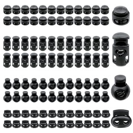 Cord Stoppers, Pack of 100 Single Hole Double Hole Spring Clamps, 4 Styles Shoelaces, Round Cord Locks Plastic for Camping, Hiking, Sports, Backpacks, Black, White, L