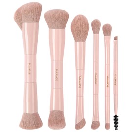MAANGE Brochas de Maquillaje Profesional, 6PCS Brochas de Doble Punta Premium para Rostro y Ojos Pincele Maquillaje Base, Sombra de Ojos, Contorno, Rubor, Iluminador, Difuminado, Cepillo de Cejas(Rosa)