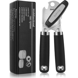 Can Opener Manual, Heavy Duty Handheld Strong Can Opener with Soft Touch Handle, Sharp Blade Smooth Edge, Can Openers with Multifunctional Bottle Opener, Black