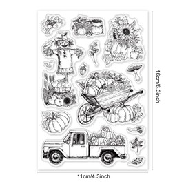 ORIGACH Autumn Harvest Clear Stamps, Autumn Pumpkin Scarecrow Pickup Sunflower Leaves Transparent Silicone Stamps for Card Making Thanksgiving Scrapbooking Journal Crafting 6.3x4.3inches