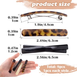STSTR 8PCS French Barrette Hair Clips for Women, 2 Styles Small Tortoise Shell Hair Clip, Curved Glossy Thin Hair Flat Hair Accessories for Women (Black, White, Leopard Color, Amber)