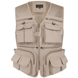 TWENPHYO Versatile Men's Summer Vest for Fishing, Travel, Outdoor Work, Safari and Photography with Multiple Pockets(M,Light Khaki)