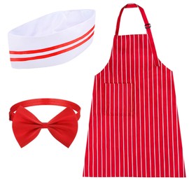 Vifcotlyp 3PCS Apron and Chef Hat Set, Chef Outfit Adult Adjustable Butcher Apron Bib Apron with Pockets Red and White Striped Halter Apron Cooking Baking Apron for BBQ Kitchen Gardening