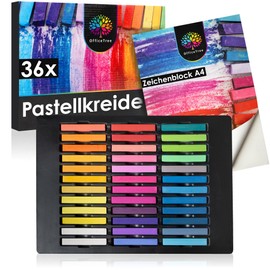 OfficeTree 36 x Pastel Chalk Set - Painting Chalk for Paper - Soft Pastel Chalk - Artist Chalk with Drawing Pad - Pastel Chalk in Intense Colours - Soft Pastel Chalk for Art Supplies