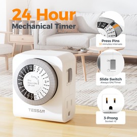 TESSAN Outlet Timer, Mechanical 24-Hour Light Timer Dual 3-Prong Sockets 30-Minute Intervals, Timer for Electrical Outlets Indoor for Lights, Lamps, Christmas Lights (1 Pack)
