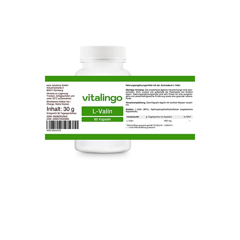 L-Valine Capsules - 60 Capsules of 500 mg