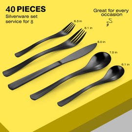 Black Silverware Set, Bysta 40-Piece Flatware Set, Stainless Steel Utensils Service for 8, Tableware Cutlery Set for Home and Restaurant, Include Knife/Fork/Spoon, Satin Finish, Dishwasher Safe