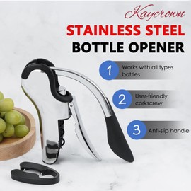KAYCROWN Stainless Steel Wine Bottle Opener, Vertical Lever Corkscrew with Built-in Foil Cutter Design, Manual Handheld Corkscrew with Ergonomic Lever Pump