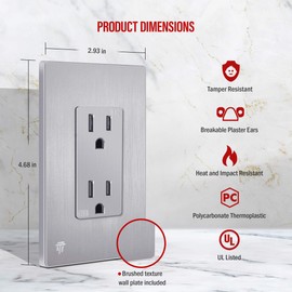 ENERLITES Elite Series Decorator Receptacle, Child Safe Tamper-Resistant Outlet, Self-Grounding, Residential Grade, 15A 125V, UL Listed, 61501-TR-SVWBP, Brushed Silver with Wall Plate