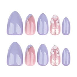 24PCS Purple Flower Press on Nails Almond Short Fake Nails French Tip Glue on Nails Acrylic Nails Full Cover Spring Summer False Nails Floral Glitter Designs Flower Nails Art Decoration for Women