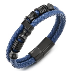 COOLSTEELANDBEYOND - Pulsera de piel trenzado de doble fila para hombre con adornos de acero inoxidable, 8.27 inches, piel azul, Sin gemas.