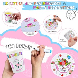 Lenwen Paper Tea Cups with Handle Disposable Party Cups DIY Coloring Cups Kids Floral Paper Tea Cups and Plates Sticker Tea Party Favors Activity Crafts for Tea Party Game Decoration Supplies (24 Set)