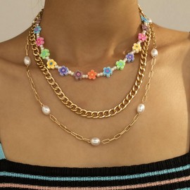 Vinzar Boho Gold Layer Chain Necklace Colorful Flowers Collar Necklace Pearl Women Necklace Jewelry for Daily Beach Summer Party