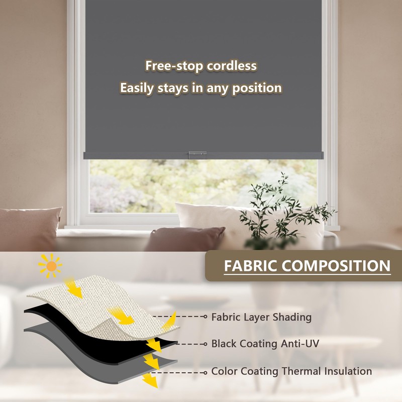 SUNOFF Cordless Blackout Roller Shades Blinds for Windows Free-Stop,Pull Down