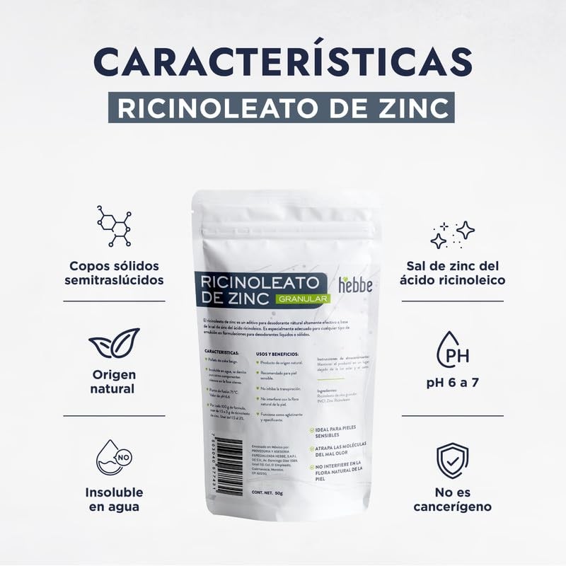 Hebbe - Ricinoleato de Zinc Desodorante Natural para Emulsiones, 50