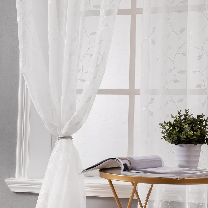 MIULEE Decorative Sheer Curtains with Embroidered Leaf Pattern for Living