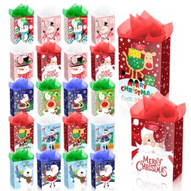 JWSCYSY 20Pack Small Chirstmas Gift Bags with Tissue Paper and Tag, Mini Paper Bags with Handles Assorted Cute Christmas Design for Xmas Holiday Presents Wrapping.