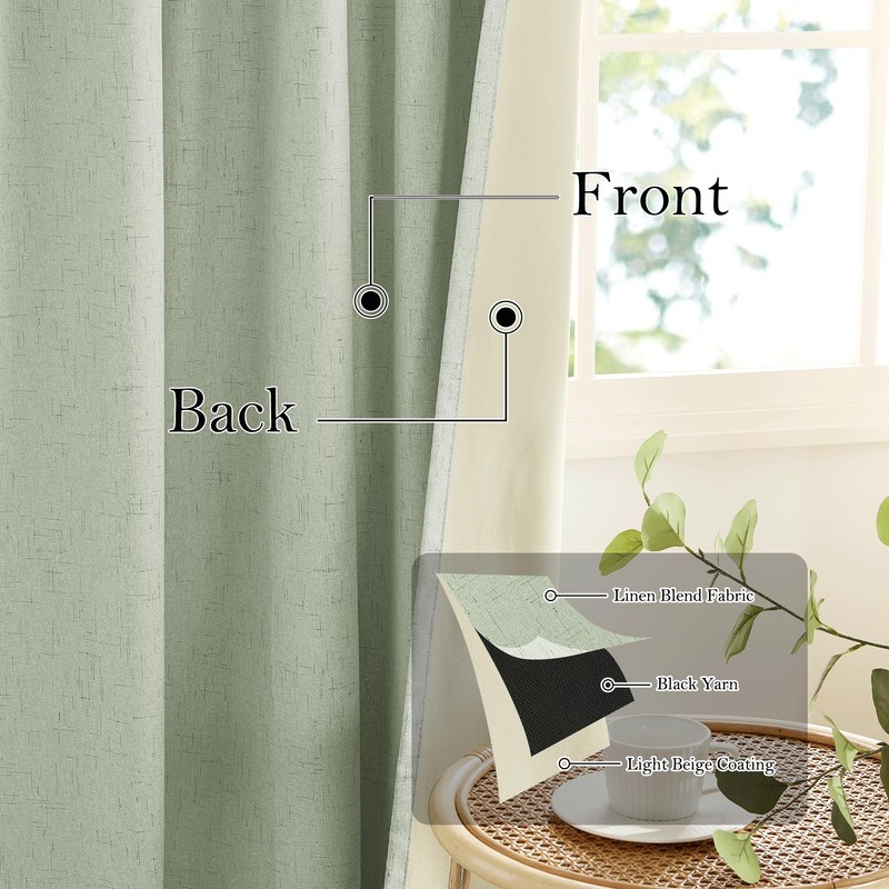 RYB HOME 100% Blackout Sage Green Linen Curtains, Light &