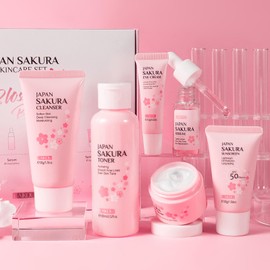 LAIKOU Skin Care Gift Set for Teen Girls, Sakura Face Care Set Women, with Cleanser, Toner Hydrating, Serum, Eye Cream, Face Cream, Sun Protection for Pores