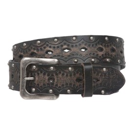 1 1/2" Snap on Perforated Studded Vintage Embossed Solid Leather Jean Belt, Black | 50"