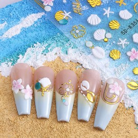 2 Sheets Ocean Nail Art Stickers Decals - WLGDLH Gold Floral Shell Nail Decals 5D Embossed Summer White Shell Starfish Design Nail Stickers Manicure Supplies for Women DIY Manicure Decorations