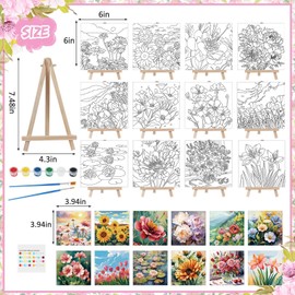 Tenceur 12 Sets Pre Drawn Canvas to Paint Paint Your Own Designer Canvas Set Coloring Painting Canvas Panels Pre Stenciled Canvas Boards with Paints and Brushes for Kid Adult(Flower)