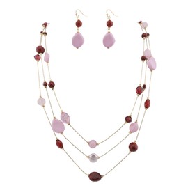 COIRIS 3 Layers Illusion Wire Long Statement Set Necklace Earrings for Women Beaded (N0008pink)