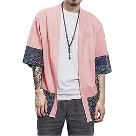 perdontoo Men's Cotton Kimono Jackets Loose Open Front Casual Cardigan (Pink, S)