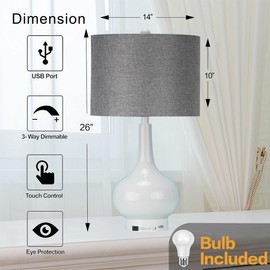 Set of 2 White Metal Table Lamps for Bedrooms with USB Ports 3-Way Dimmable Touch Coastal Bedside Lamps for Contemporary Style Modern Nightstand Lamps for Home Lighting Decoration (Bulb Included)