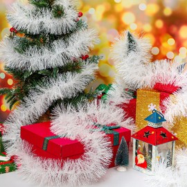 Poen 100 ft Christmas Tinsel Garland Xmas Tree Garland Decorations Metallic Tinsel Glitter Twist Garland for Indoor Outdoor Wedding Carnival Holiday Party Supplies(White)