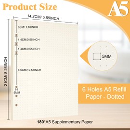 Vicloon A5 Refill Paper Dotted 180 Sheets Paper Refillable Note Paper 6 Holes Refill Paper Refill Inserts Refill Ring Binder Inserts for Notebook, Diary, Sketch, Painting