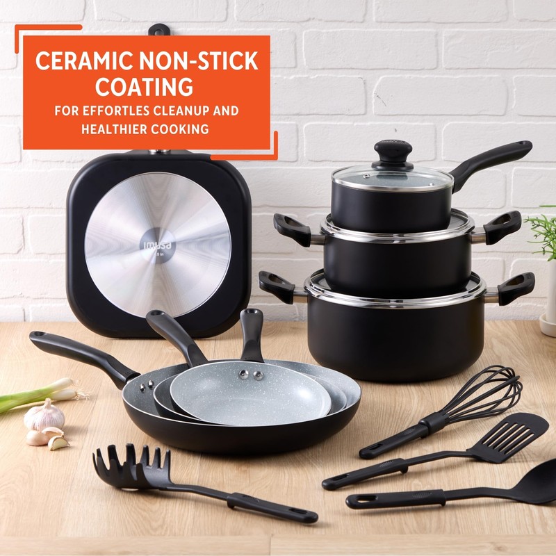IMUSA Nonstick Ceramic Cookware Set 14-Piece, with Soft-Touch Handles, Aluminum,