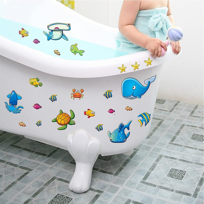 24PCS Non Slip Bathtub Stickers, Cartoon Marine Life Bath Tub
