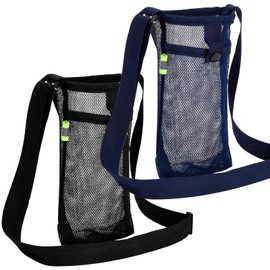 YUYWWAN Pack of 2 Water Bottle Holders, Mesh Water Bottle Covers with Adjustable Shoulder Strap, Portable Water Bottle Bag Bottle Holder for Summer Fitness Hiking Cycling (Black + Navy Blue, M)