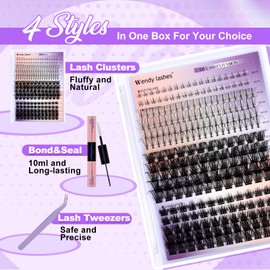 Natural Eyelash Extensions, Set of 4 Styles, R06+R09+7D and Bottom Lashes Manga lash Extension Set, Volume 0.07, 12-18 mm with Eyelash Glue (4SX-R06+R09)