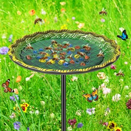 Bee Butterflies Watering Station, Standing Bee Feeder with Glass Marbles for Outside, Bee Bath Feeder with Metal Stakes Butterfly Puddler Garden Yard Déco (Green)