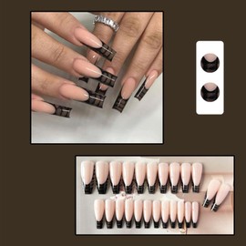 YoYoee Black Press on Nails Long Coffin False Nails French Fake Nails Full Cover Ballerina Nails Tips for Women and Girls 24PCS