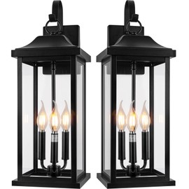 Roravilila 2-Pack 22.5” Extra Large Outdoor Wall Lights Candelabra 3-Light, IP65 Waterproof Exterior Lights with Clear Glass Front Porch Lights Outdoor Wall Sconce Lighting Outside Coach Lights, E12