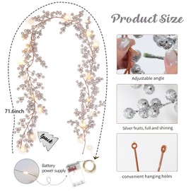 RECUTMS Artificial Berry Christmas Garland Fake Rustic Burgundy Christmas Garland Indoor Berry Garland for Table Home Garden Party Fireplace Wall Door Decor (Silver)