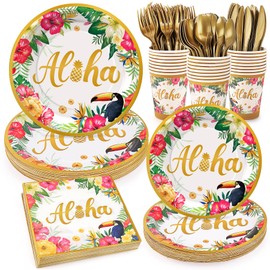 Golden Tropical Luau Party Tableware Supplies, 168PCS Hawaiian Plates Napkins Cups and Cutlery Set, 24 Set Aloha Disposable Dinnerware for Luau Birthday Party Decorations