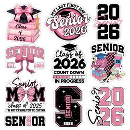 SUNHADO (10 Pcs, 3 inch) - Senior 2026 Sticker Pack, Class of 2026 Graduation Stickers, Pink Black Girly Graduation Decals, Coquette Bow Senior Grad Gifts Decoration for Laptops, Phones, Bottles