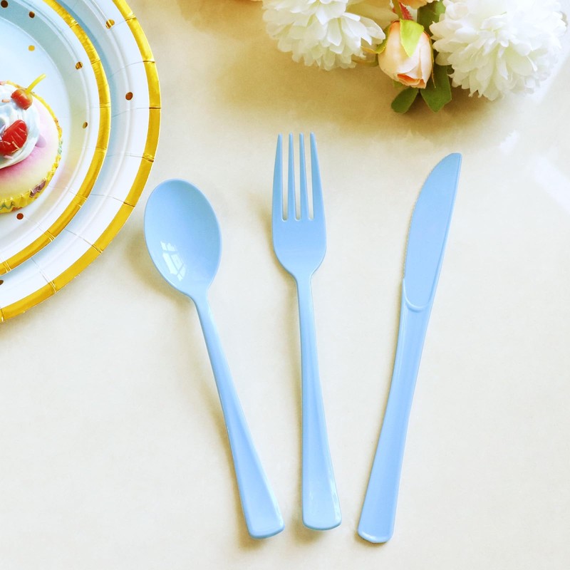 joy akkess 150 Pack Blue Plastic Silverware, Light Blue Plastic